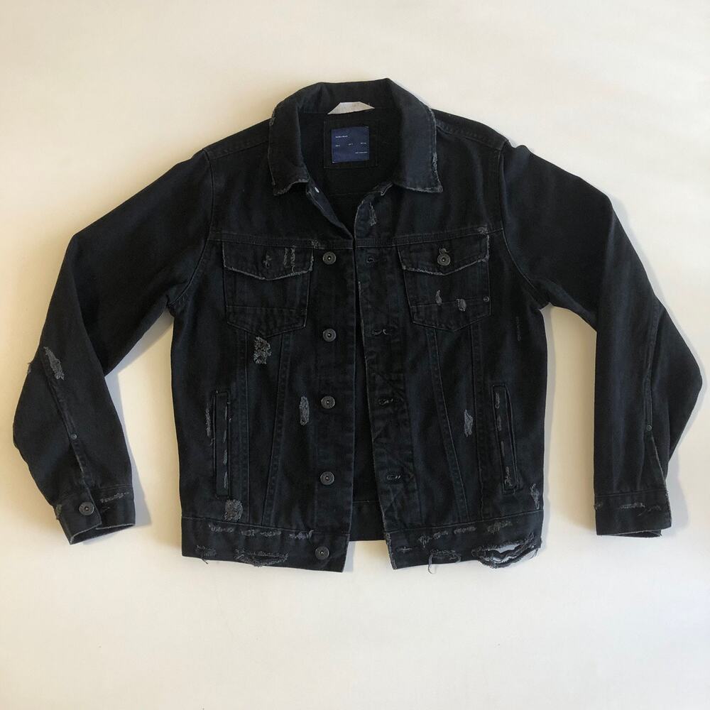 Zara Men's Denim Black Trucker Style LS Jacket Distressed Pockets Sz S